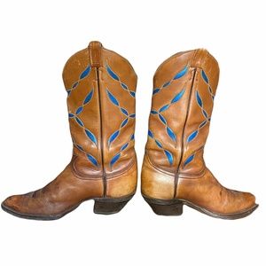 ❣️SOLD❣️Hand Painted Vintage Tony Lama Tan / Blue Cowboy Boots